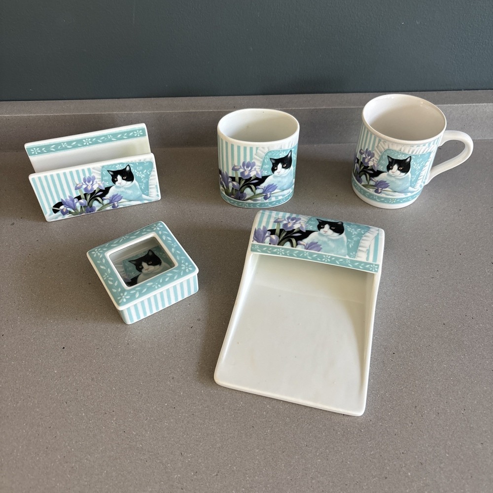 Vintage 1989 Hallmark Tuxedo Cat Ceramic Office Set Trinket Box  Pen Holder Cup